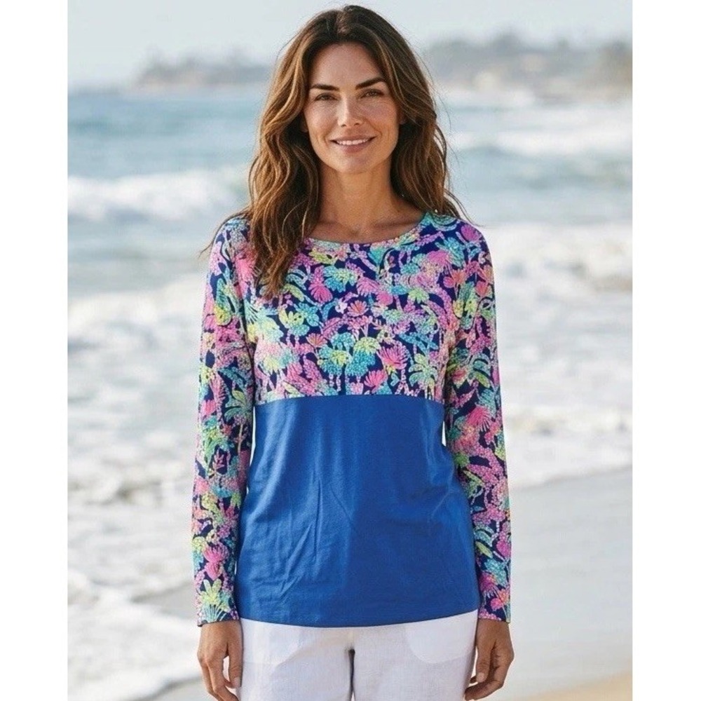New Lilly Pulitzer Finn Top Seen Herd Oyster Bay Blue Size Medium M Shirt Long T